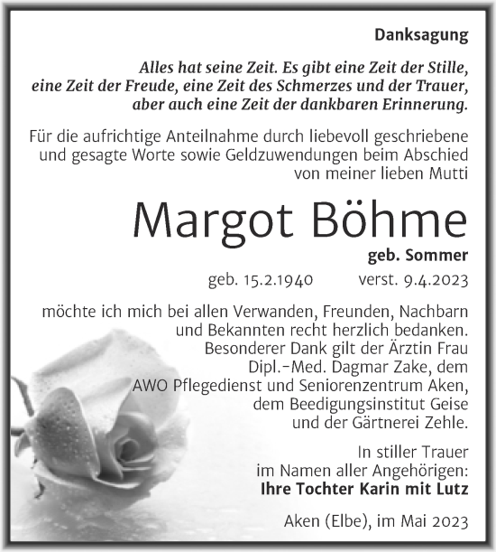 Traueranzeige von Margot Böhme von Trauerkombi Köthen