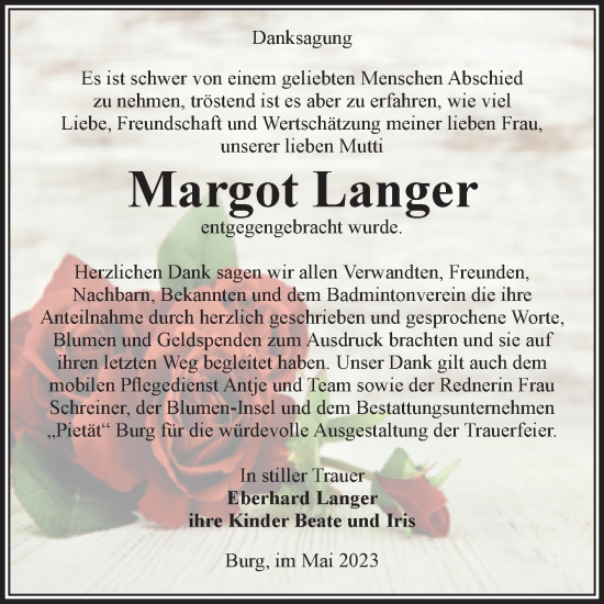 Traueranzeige von Margot Langer von Volksstimme Burg/Genthin