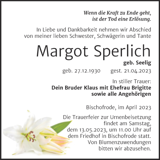 Traueranzeige von Margot Sperlich von Mitteldeutsche Zeitung Mansfelder Land