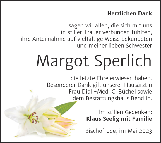 Traueranzeige von Margot Sperlich von Trauerkombi Mansfelder Land