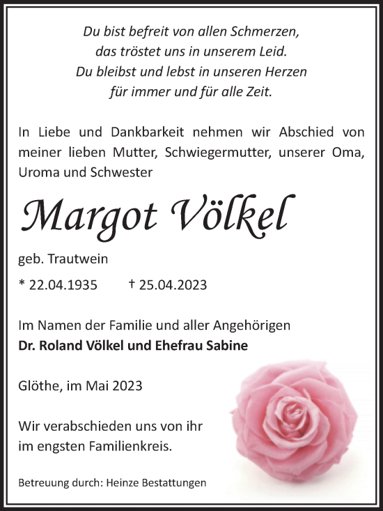 Traueranzeige von Margot Völkel von Volksstimme Schönebeck