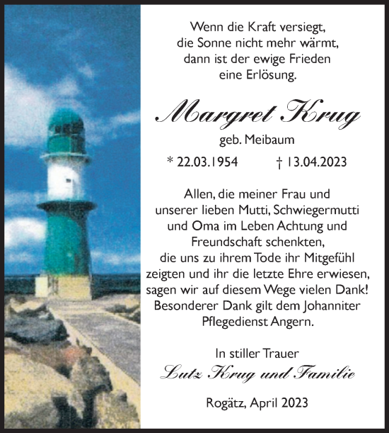 Traueranzeige von Margret Krug von Volksstimme Haldensleben/Wolmirstedt