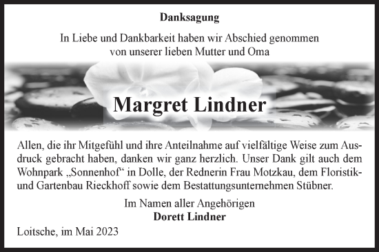 Traueranzeige von Margret Lindner von Volksstimme Haldensleben/Wolmirstedt