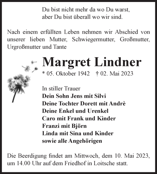 Traueranzeige von Margret Lindner von Volksstimme Haldensleben/Wolmirstedt