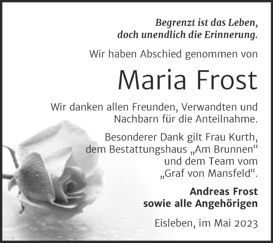 Traueranzeige von Maria Frost von Trauerkombi Mansfelder Land