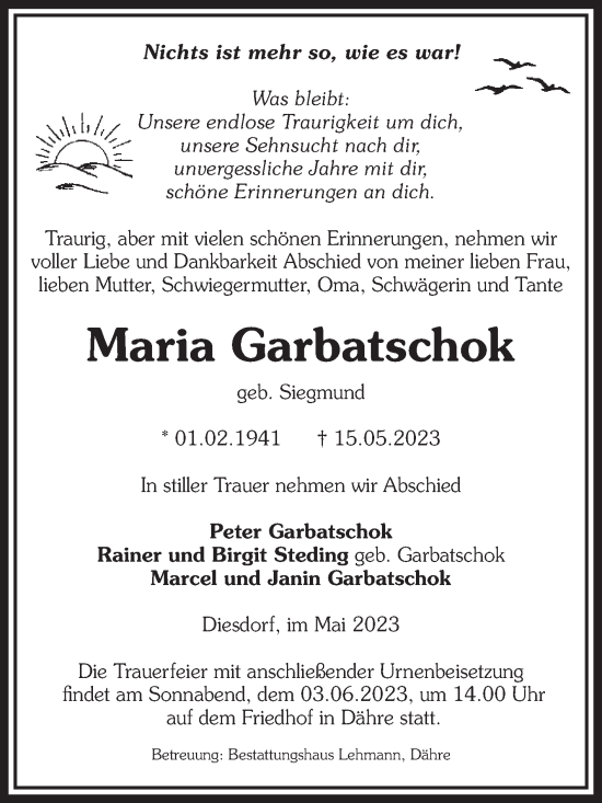 Traueranzeige von Maria Garbatschok von Volksstimme Altmark West