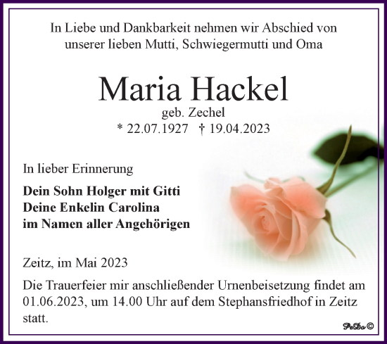 Traueranzeige von Maria Hackel von Trauerkombi Zeitz