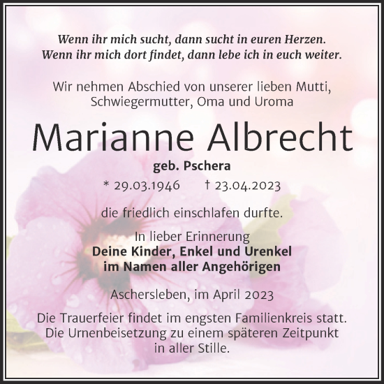 Traueranzeige von Marianne Albrecht von Trauerkombi Aschersleben