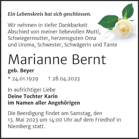 Traueranzeige von Marianne Bernt von Mitteldeutsche Zeitung Halle/Saalkreis