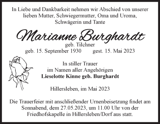 Traueranzeige von Marianne Burghardt von Volksstimme Haldensleben/Wolmirstedt