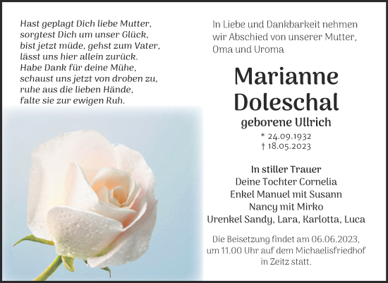 Traueranzeige von Marianne Doleschal von Trauerkombi Zeitz