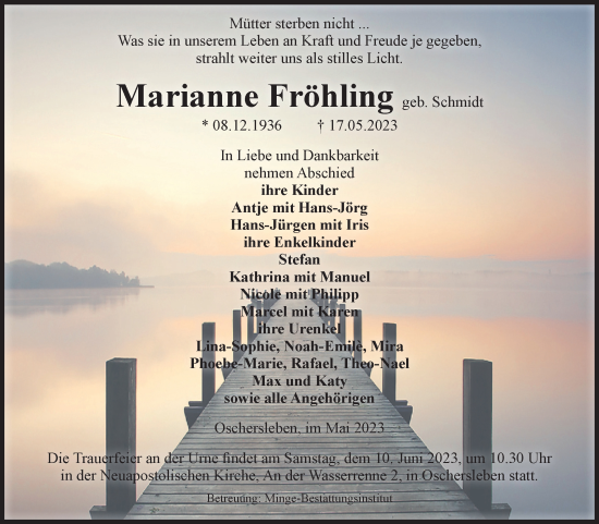 Traueranzeige von Marianne Fröhling von Volksstimme Oschersleben/Wanzleben