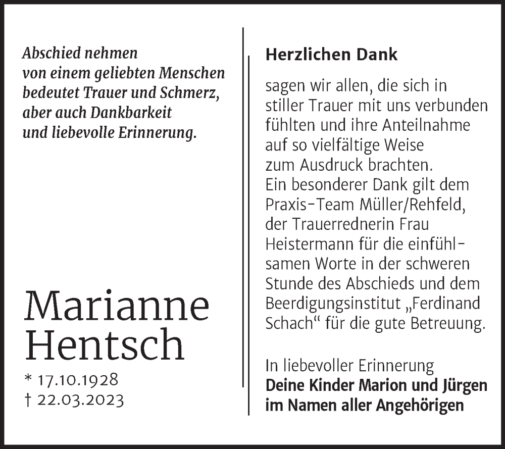  Traueranzeige für Marianne Hentsch vom 13.05.2023 aus Trauerkombi Wittenberg