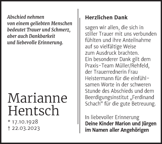 Traueranzeige von Marianne Hentsch von Trauerkombi Wittenberg