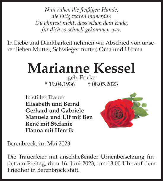 Traueranzeige von Marianne Kessel von Volksstimme Haldensleben/Wolmirstedt