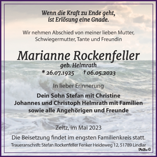 Traueranzeige von Marianne Rockenfeller von Trauerkombi Zeitz