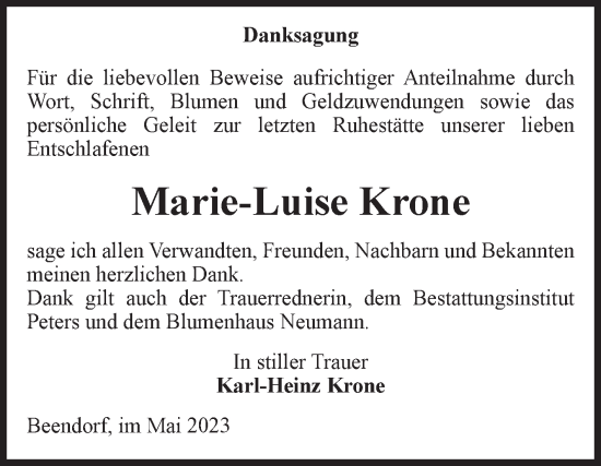 Traueranzeige von Marie-Luise Krone von Volksstimme Haldensleben/Wolmirstedt