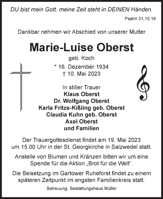 Traueranzeige von Marie-Luise Oberst von Volksstimme Altmark West