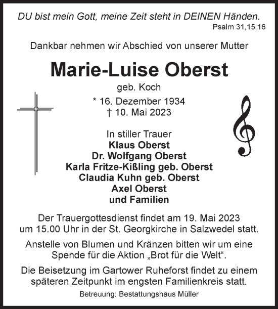 Traueranzeige von Marie-Luise Oberst von Volksstimme Altmark Ost