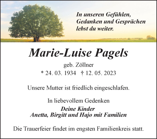 Traueranzeige von Marie-Luise Pagels von Trauerkombi Sangerhausen