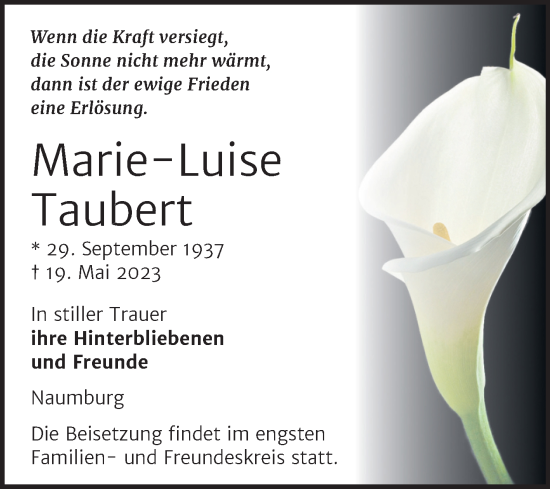 Traueranzeige von Marie-Luise Taubert von Wochenspiegel Naumburg/Nebra