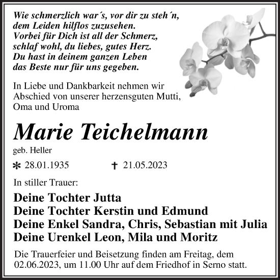 Traueranzeige von Marie Teichelmann von Trauerkombi Wittenberg