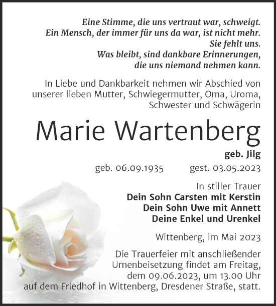 Traueranzeige von Marie Wartenberg von Trauerkombi Wittenberg