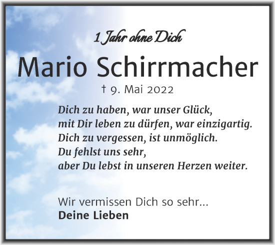 Traueranzeige von Mario Schirrmacher von Trauerkombi Quedlinburg