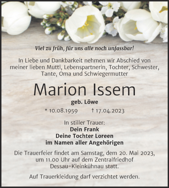 Traueranzeige von Marion Issem von Trauerkombi Dessau