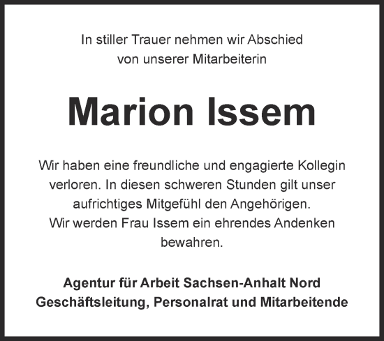Traueranzeige von Marion Issem von Mitteldeutsche Zeitung Köthen