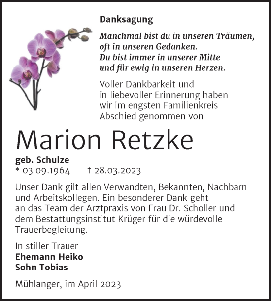 Traueranzeige von Marion Retzke von Trauerkombi Wittenberg