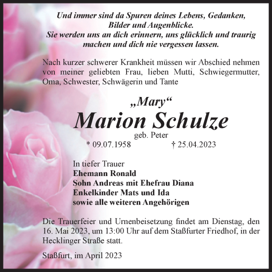 Traueranzeige von Marion Schulze von Volksstimme Staßfurt