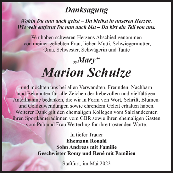 Traueranzeige von Marion Schulze von Volksstimme Staßfurt