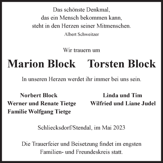 Traueranzeige von Marion und Torsten Block von Volksstimme Altmark Ost