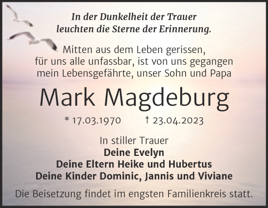 Traueranzeige von Mark Magdeburg von Trauerkombi Wittenberg