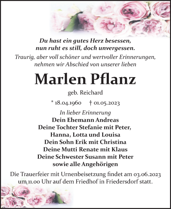 Traueranzeige von Marlen Pflanz von Trauerkombi Bitterfeld
