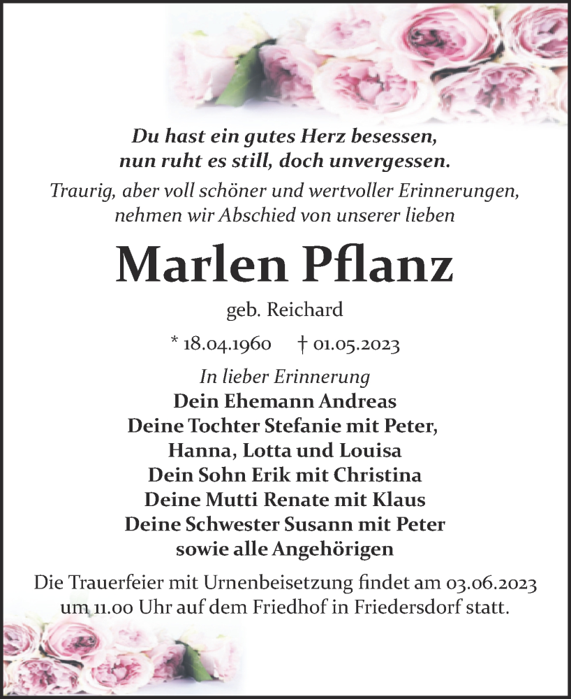  Traueranzeige für Marlen Pflanz vom 10.05.2023 aus Trauerkombi Bitterfeld