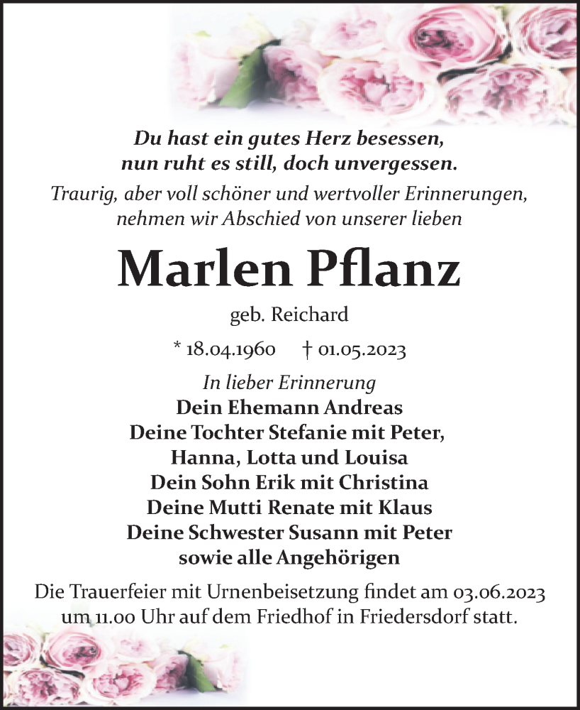  Traueranzeige für Marlen Pflanz vom 06.05.2023 aus Trauerkombi Bitterfeld