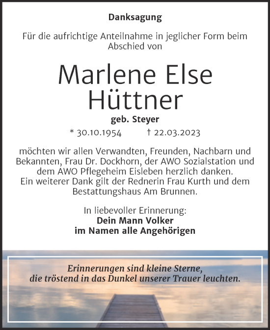 Traueranzeige von Marlene Else Hüttner von Trauerkombi Mansfelder Land