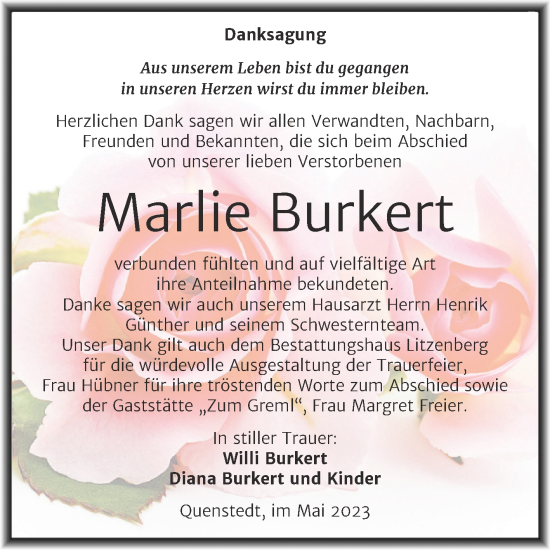 Traueranzeige von Marlie Burkert von Trauerkombi Mansfelder Land