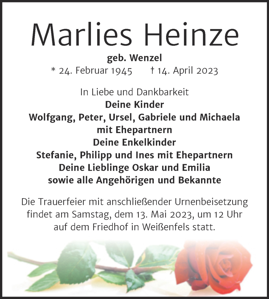  Traueranzeige für Marlies Heinze vom 03.05.2023 aus Trauerkombi Weißenfels