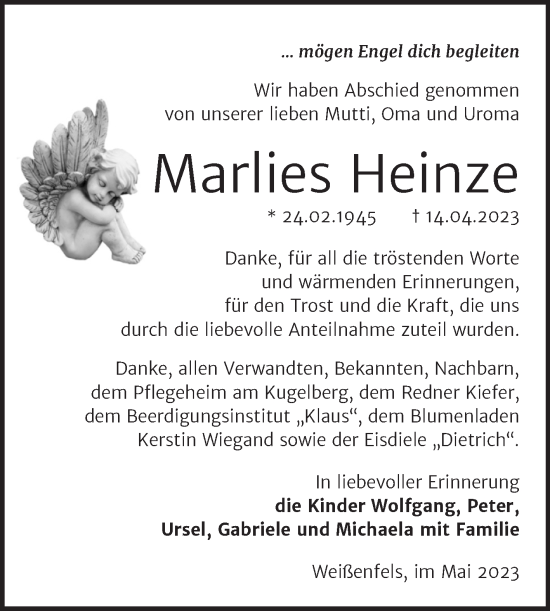 Traueranzeige von Marlies Heinze von Trauerkombi Weißenfels