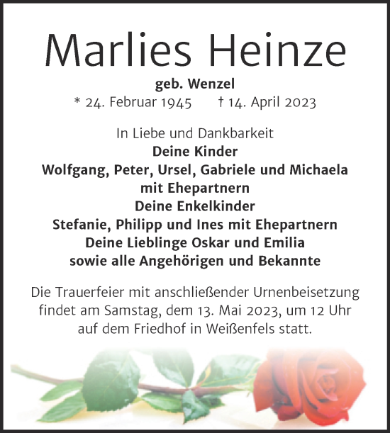 Traueranzeige von Marlies Heinze von Trauerkombi Weißenfels