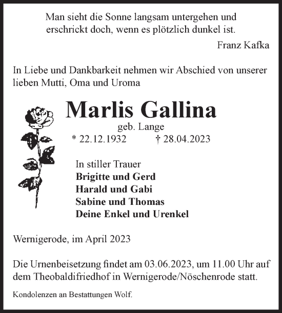 Traueranzeige von Marlis Gallina von Volksstimme Wernigerode