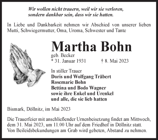 Traueranzeige von Martha Bohn von Volksstimme Altmark Ost