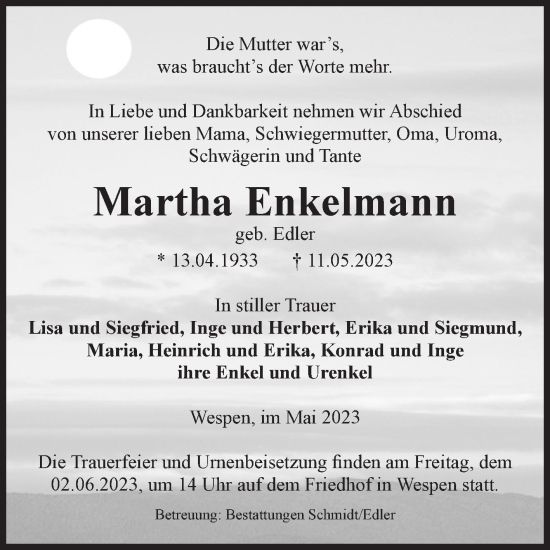 Traueranzeige von Martha Enkelmann von Volksstimme Schönebeck