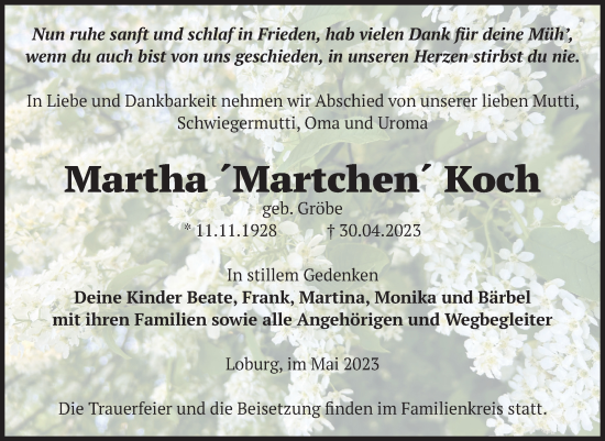 Traueranzeige von Martha Koch von Volksstimme Zerbst