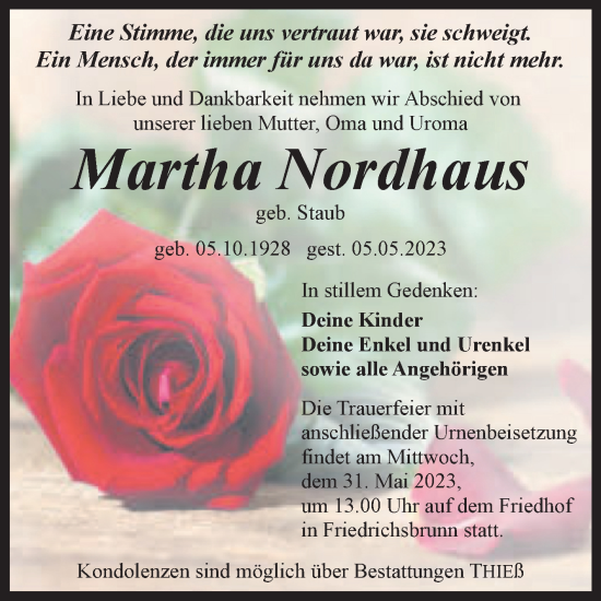 Traueranzeige von Martha Nordhaus von Trauerkombi Quedlinburg