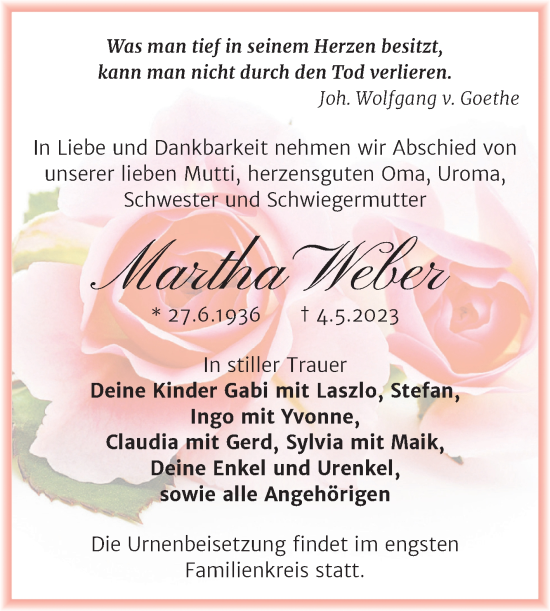 Traueranzeige von Martha Weber von Trauerkombi Weißenfels
