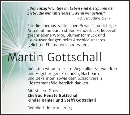 Traueranzeige von Martin Gottschall von Trauerkombi Mansfelder Land